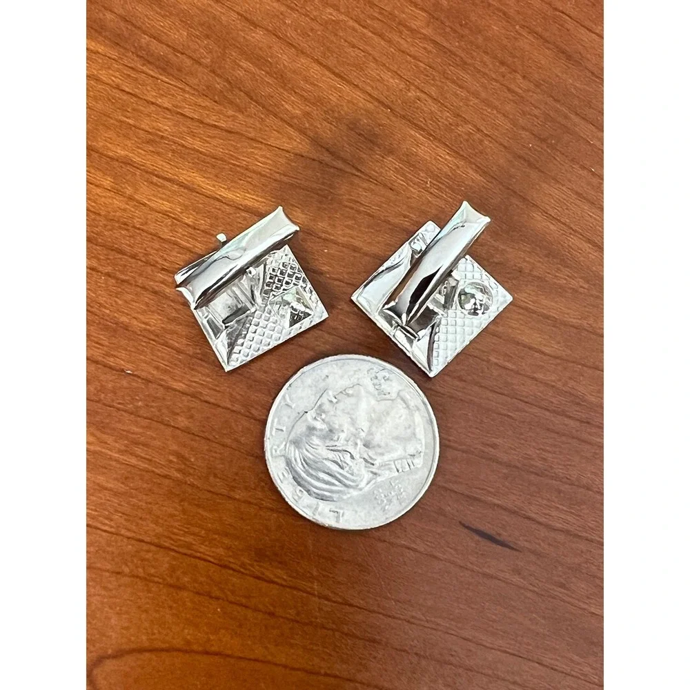 Vintage Mens Silver Tone Textured Cufflinks and Tie Clip Set with Clear Crystal